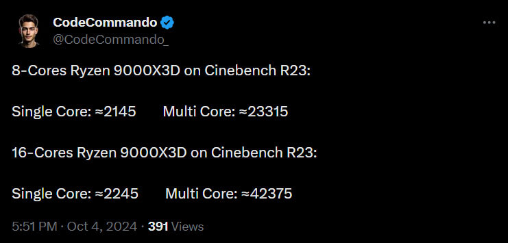 نتایج Cinebench R23 پردازنده‌های 9800X3D و 9950X3D فاش شد