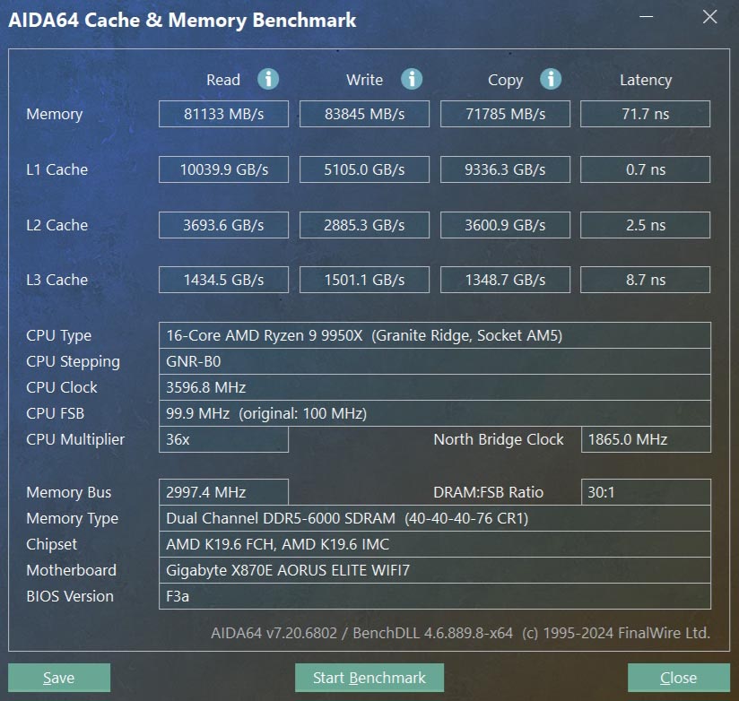 تست AIDA64 مادربرد X870E AORUS ELITE WIFI7