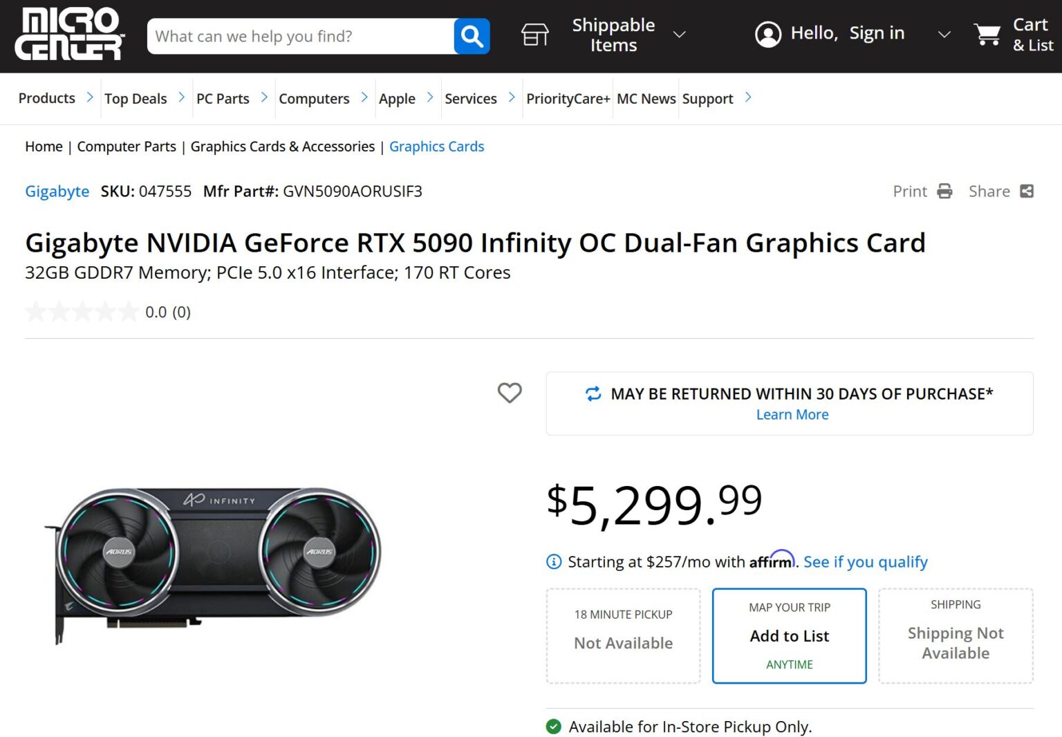 قیمت نجومی کارت گرافیک Gigabyte AORUS GeForce RTX 5090 Infinity